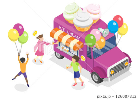 3D Isometric Flat  Illustration of Ice Cream Truck, Takeaway Cafe 126087812