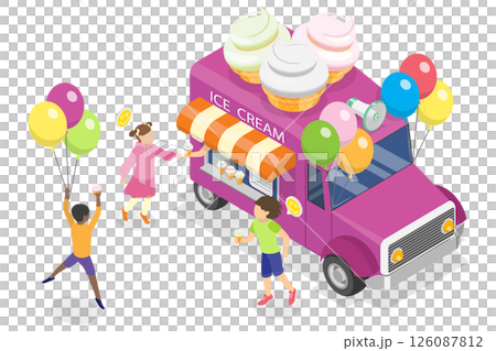 3D Isometric Flat  Illustration of Ice Cream Truck, Takeaway Cafe 126087812