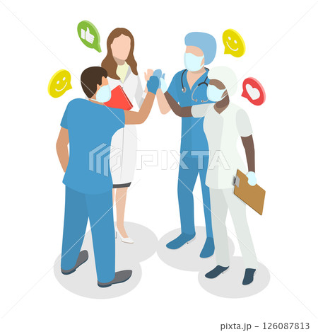 3D Isometric Flat  Illustration of Hospital Team, Delighted Doctors Exchange Congratulations 126087813