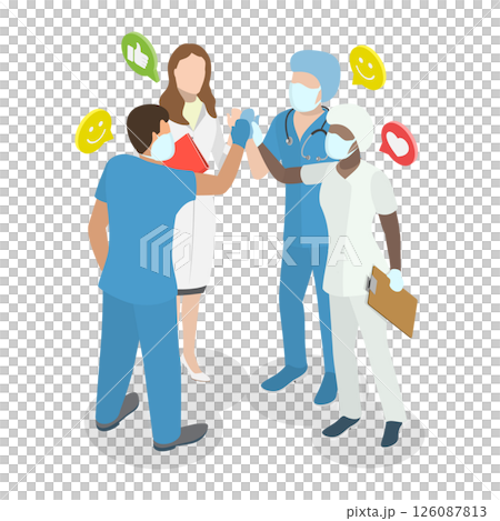 3D Isometric Flat  Illustration of Hospital Team, Delighted Doctors Exchange Congratulations 126087813