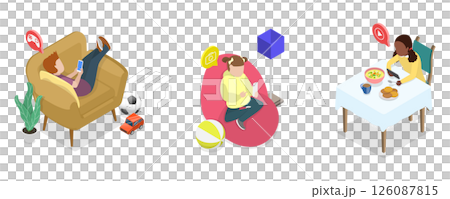 3D Isometric Flat  Illustration of Children Gadget Addiction, Kids Online Entertainment 126087815