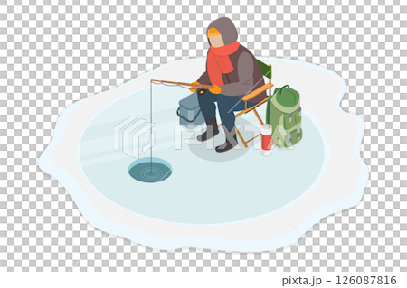 3D Isometric Flat Illustration of Winter Fishing, Fishermen on a Frozen Pond 3D Isometric Flat Illustration of Winter Fishing, Fishermen on a Frozen Pond 126087816