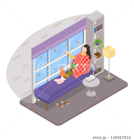 3D Isometric Flat Illustration of Moments Of Relaxation, Woman Creates A Cozy Autumn Atmosphere By Sipping Tea And Relaxing Comfortably At Home 3D Isometric Flat Illustration of Moments Of Relaxation, Woman Creates A Cozy Autumn Atmosphere By Sipping Tea And Relaxing Comfortably At Home 126087818