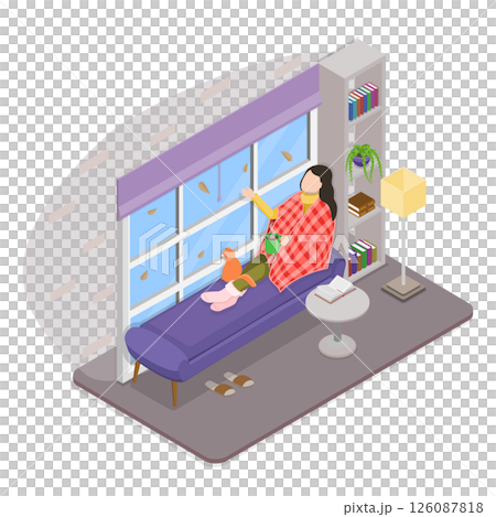3D Isometric Flat Illustration of Moments Of Relaxation, Woman Creates A Cozy Autumn Atmosphere By Sipping Tea And Relaxing Comfortably At Home 3D Isometric Flat Illustration of Moments Of Relaxation, Woman Creates A Cozy Autumn Atmosphere By Sipping Tea And Relaxing Comfortably At Home 126087818