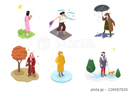 3D Isometric Flat  Illustration of Various Weather Conditions, People and Different Seasons 126087820