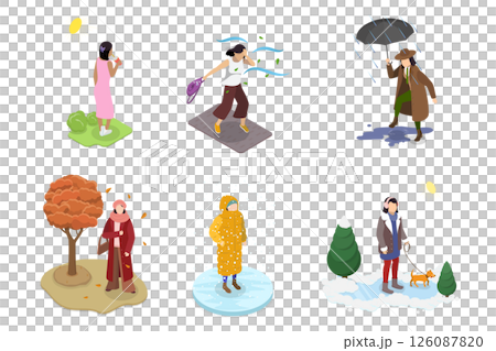 3D Isometric Flat  Illustration of Various Weather Conditions, People and Different Seasons 126087820