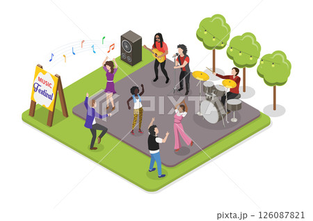 3D Isometric Flat  Illustration of Entertainment Event, Singing and Dance Party With Friends 126087821