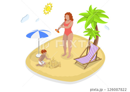 3D Isometric Flat  Illustration of Rest On Vacation, Young Woman Relaxing Seaside 126087822