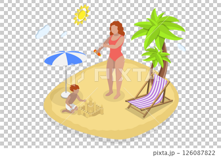 3D Isometric Flat  Illustration of Rest On Vacation, Young Woman Relaxing Seaside 126087822