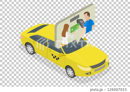 3D Isometric Flat  Illustration of Cab Driver With Terminal, Paying For A Taxi Ride 126087833