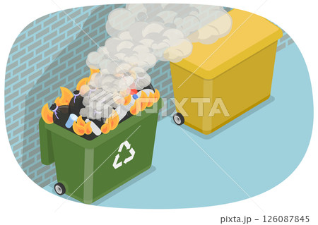 3D Isometric Flat Illustration of Burning Garbage, Fire in a Trash Can 3D Isometric Flat Illustration of Burning Garbage, Fire in a Trash Can 126087845
