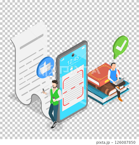 3D Isometric Flat  Illustration of Text Scanning Recognition, OCR Technology 126087850