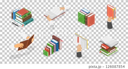 3D Isometric Flat  Illustration of Hands with Books, Studing and Education, Literature and Reading 126087854