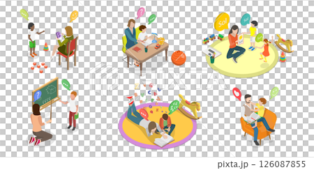 3D Isometric Flat  Set of Parents Learning with their Kids, Engaging In Educational Activities Together 126087855
