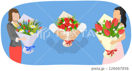 3D Isometric Flat  Illustration of Romantic Floral Gifts, Gorgeous Bouquets Of Flowers 126087856