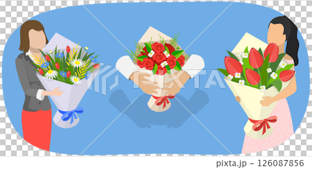 3D Isometric Flat  Illustration of Romantic Floral Gifts, Gorgeous Bouquets Of Flowers 126087856