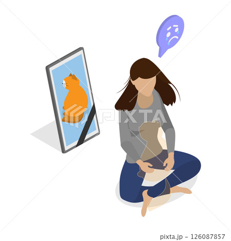 3D Isometric Flat  Illustration of A Woman Misses Here Cat, Mourning Frame with Lovely Pet 126087857