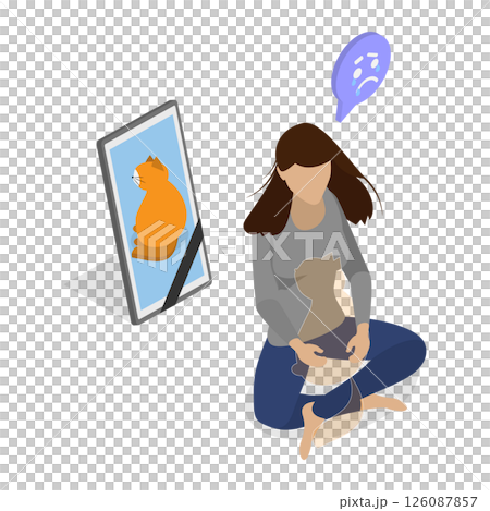 3D Isometric Flat  Illustration of A Woman Misses Here Cat, Mourning Frame with Lovely Pet 126087857