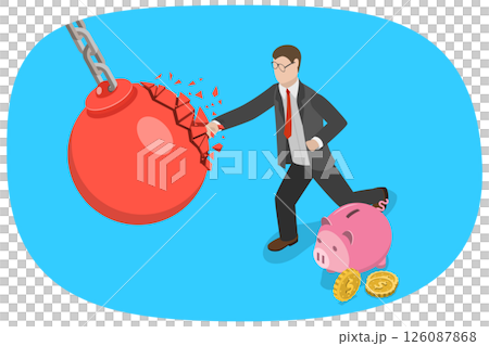 3D Isometric Flat  Illustration of Crisis Management, Business Executive Smashing Massive Wrecking Ball 126087868