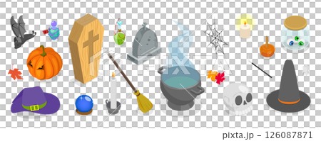3D Isometric Flat  Set of Halloween Items, Collection of Spooky Objects 126087871