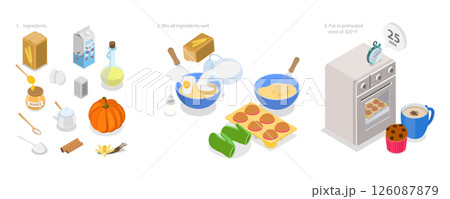 3D Isometric Flat  Illustration of Pumpkin Muffins Recipe, Delicious Baked Treat 126087879
