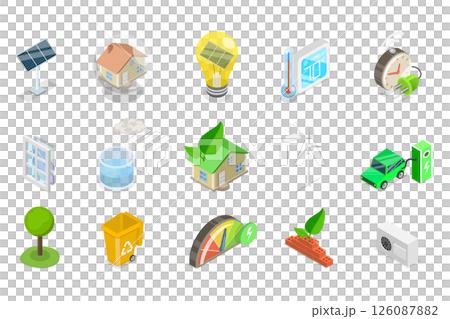 3D Isometric Flat Illustration of House Energy Efficiency, Sustainable Home Improvements 3D Isometric Flat Illustration of House Energy Efficiency, Sustainable Home Improvements 126087882