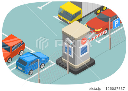 3D Isometric Flat  Illustration of Paid Guarded Parking, Parking Zone with Payment System 126087887