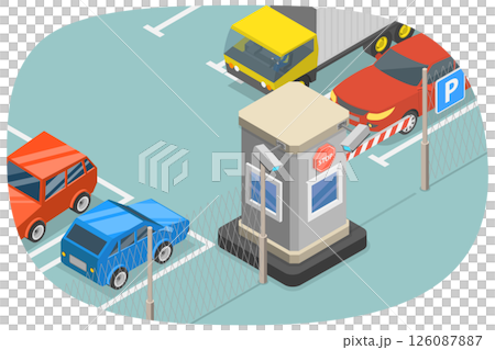 3D Isometric Flat  Illustration of Paid Guarded Parking, Parking Zone with Payment System 126087887