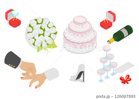 3D Isometric Flat  Set of Wedding Items, Collection Of Marriage Graphic Elements 126087893