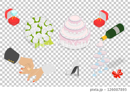 3D Isometric Flat  Set of Wedding Items, Collection Of Marriage Graphic Elements 126087893