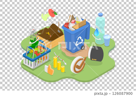 3D Isometric Flat Illustration of Waste Minimization, Managing Organic Garbage And Reducing Waste Through Hands-On Approach 3D Isometric Flat Illustration of Waste Minimization, Managing Organic Garbage And Reducing Waste Through Hands-On Approach 126087900