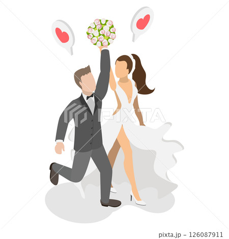 3D Isometric Flat  Illustration of Happy Newlywed Couple, Family Celebrates Their Marriage With Joy And Happiness 126087911