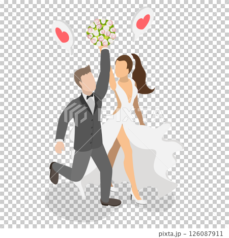 3D Isometric Flat  Illustration of Happy Newlywed Couple, Family Celebrates Their Marriage With Joy And Happiness 126087911