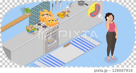 3D Isometric Flat Illustration of Household Trouble, Woman In Kitchen On Phone Unaware Of Fire Starting 3D Isometric Flat Illustration of Household Trouble, Woman In Kitchen On Phone Unaware Of Fire Starting 126087918