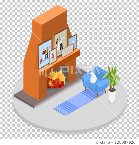 3D Isometric Flat  Illustration of Memory Pictures, Cozy and Warm Room Fireside 126087920