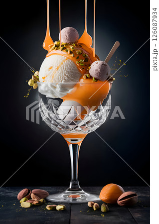 ice cream balls with apricot syrup, served in crystal ice-cream bowl against dark background. Digital artwork. Ai generated 126087934