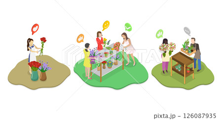 3D Isometric Flat  Illustration of Florist, Creating Stunning Flower Arrangements For Weddings, Dates, And Events 126087935