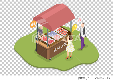 3D Isometric Flat  Illustration of Farmer Market, Display with Fresh Catch At Seafood Stall 126087945