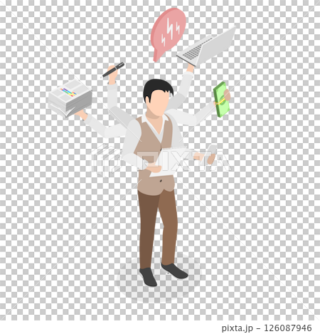 3D Isometric Flat  Illustration of Multitasking Businessman, Efficient Entrepreneur Juggling Multiple Tasks To Improve Productivity And Management Skills 126087946