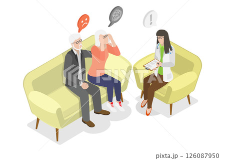 3D Isometric Flat  Illustration of Alzheimer Disease, Assisting Elderly Person With Memory Loss 126087950