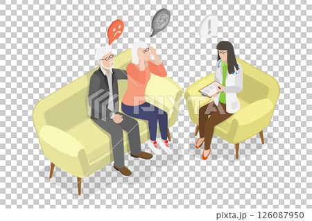 3D Isometric Flat  Illustration of Alzheimer Disease, Assisting Elderly Person With Memory Loss 126087950