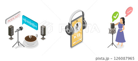 3D Isometric Flat Illustration of Podcast Scenes Set, Broadcasting, Online radio and Audio Streaming 3D Isometric Flat Illustration of Podcast Scenes Set, Broadcasting, Online radio and Audio Streaming 126087965