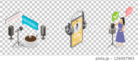 3D Isometric Flat Illustration of Podcast Scenes Set, Broadcasting, Online radio and Audio Streaming 3D Isometric Flat Illustration of Podcast Scenes Set, Broadcasting, Online radio and Audio Streaming 126087965