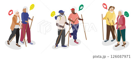 3D Isometric Flat  Illustration of Diverse Elderly People, Seniors Embrace Active Lifestyle, Diversity And Cheerfulness 126087971