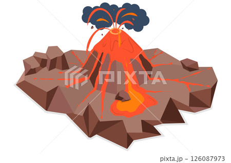 3D Isometric Flat  Illustration of Volcano Eruption, Unleashing Magma River, Cataclysmic Disaster 126087973