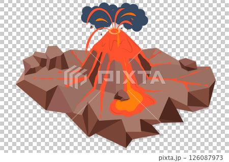 3D Isometric Flat  Illustration of Volcano Eruption, Unleashing Magma River, Cataclysmic Disaster 126087973