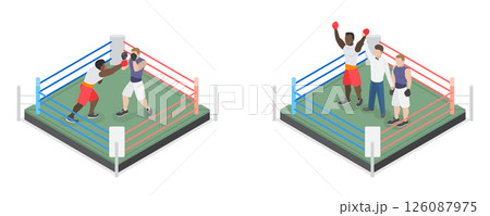 3D Isometric Flat  Illustration of Boxing People, Scenes Of Boxers In The Ring 126087975