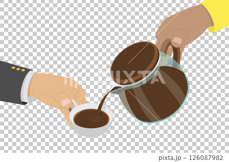 3D Isometric Flat  Illustration of Coffee Beverage, Hands Pouring Coffee From To a Cup 126087982