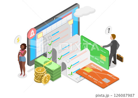 3D Isometric Flat  Illustration of Online Banking Receipt, Financial Bill Payment Calendar 126087987