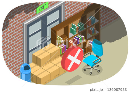 3D Isometric Flat  Illustration of Blocked Fire Exit, Emergency Preparedness Measures 126087988